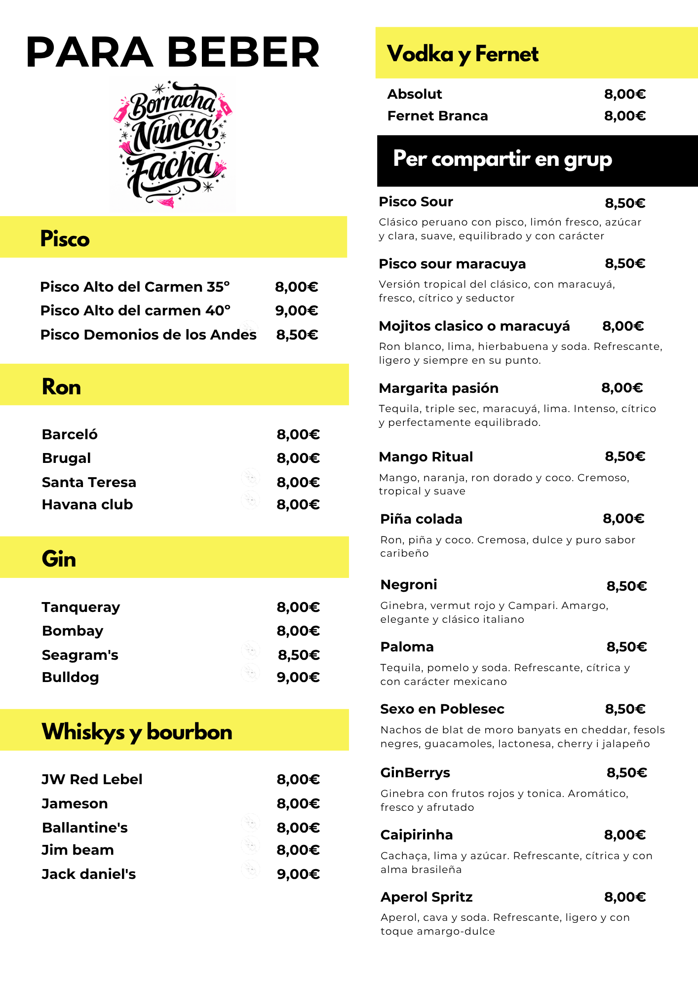Carta bebidas