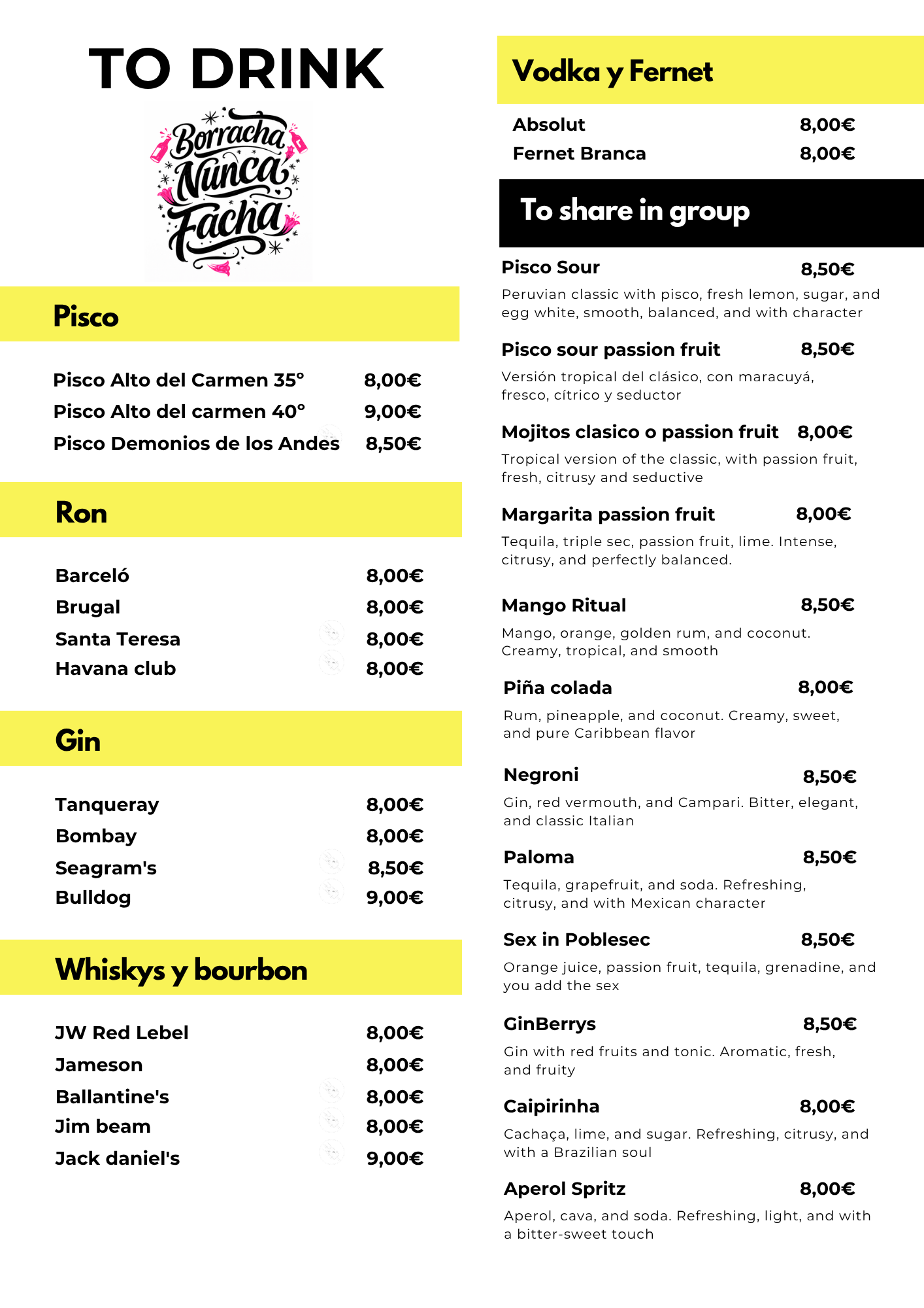 Carta bebidas